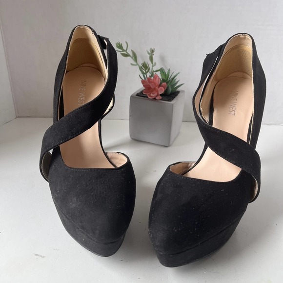 NINE WEST Saskia Strappy Platform Heels Stiletto Pumps Shoes Black Suede Leather - Picture 3 of 12
